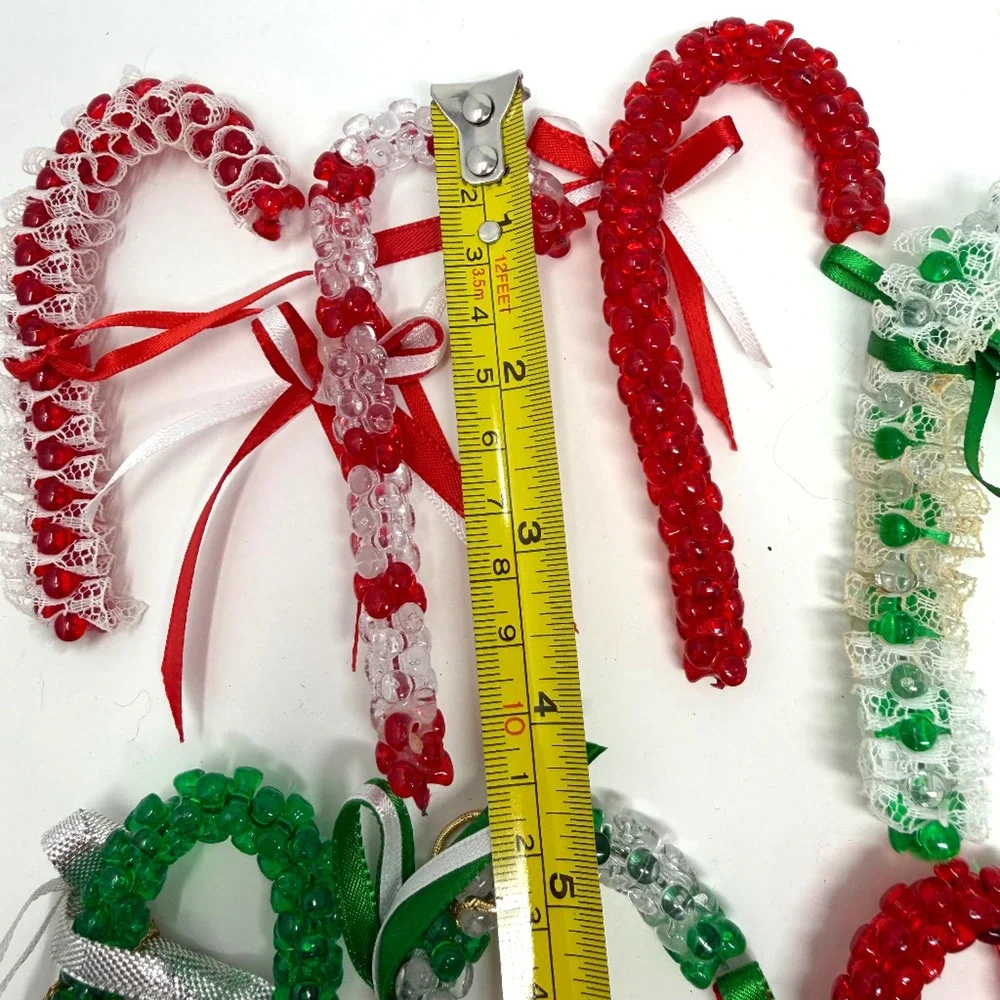 Vintage Handmade Beaded Christmas Ornament Lot 8 Candy Canes Tassel
